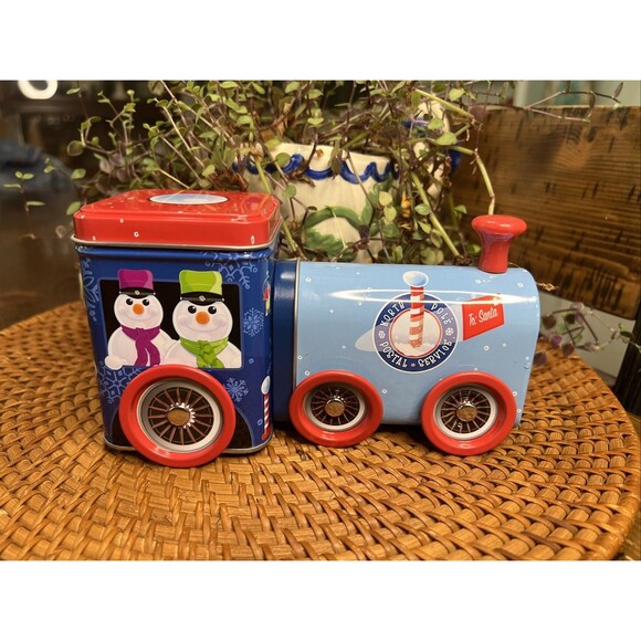 Blue Tin Train Engine With Snowmen, Container , NWOT, Holiday , Christmas - Picture 3 of 7